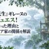 雨季の大森林に広がる巨大樹と高床式の木造集落を描いた水彩調の風景。淡い緑と青灰色の霧、濡れた木々、静かな雨、木の橋や住居を配置し、人物・人型・顔・身体・手足・シルエット・作品ロゴ・固有マークは一切描かない。明るく上品な背景。左側にH1「『無職転生』ギレーヌの兄はギュエス！不仲にな