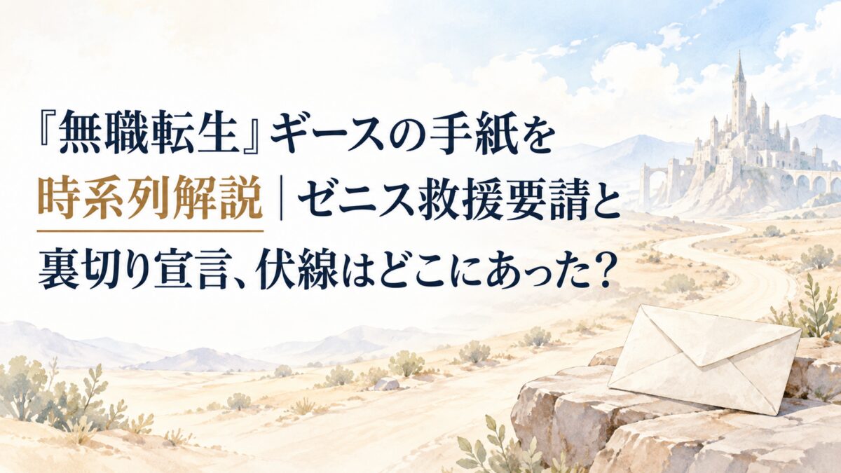 淡い砂漠と遠い迷宮都市を思わせる風景、無地の封書と長い旅路を示す道を簡略化して配置した柔らかな水彩イラスト
