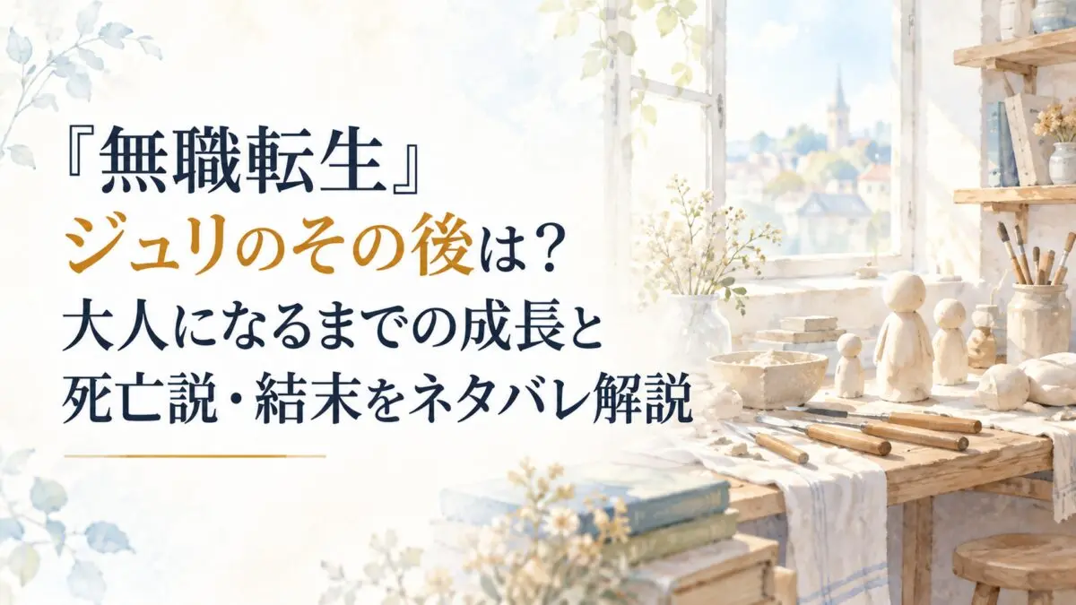 白い余白を広く生かした、淡くやわらかな日本の少女漫画雑誌風の水彩イラスト。静かな人形工房を背景に、簡略化した木製作業机、制作途中の無地の人形、粘土、彫刻道具、小さな棚、窓から差し込む淡い朝の光だけで、ジュリの幼少期から職人として成長していく長い時間を象徴する。人物、人型キャラクタ