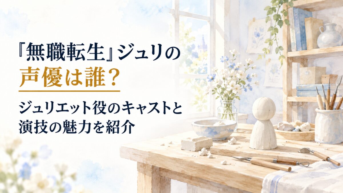 『無職転生』ジュリの声優・諸星すみれをテーマにした、白い余白を広く生かす淡くやわらかな日本の少女漫画雑誌風水彩イラスト。右側に簡略化した静かな人形工房を置き、無地の木製作業机、粘土、彫刻道具、制作途中の無地の人形、小さな棚を淡い空色・生成り・薄い琥珀色で軽く描く。人物、人型キャラ