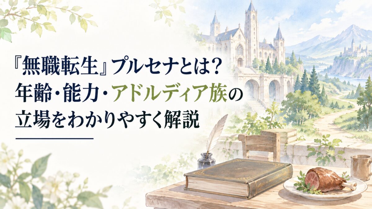 白い余白を広く生かした淡くやわらかな日本の少女漫画雑誌風の水彩イラスト。簡略化した石造りの学園校舎、木製机、無地の魔術書、骨付き肉を思わせる一般的な食事皿、森へ続く小道を人物なしで配置し、魔法大学から故郷へ続くプルセナの経歴を象徴する。背景と小物は簡略化した形、淡い色面、やわらか