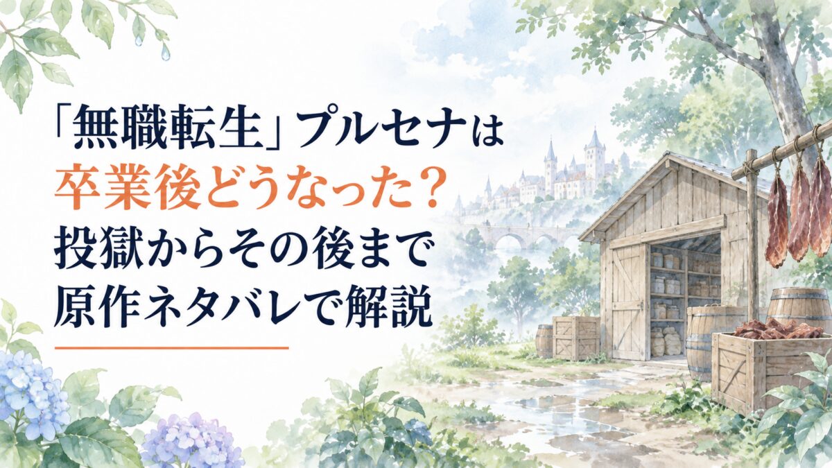 人物・人型・顔・身体・シルエットなし。白い余白を大きく生かした淡くやわらかな日本の少女漫画雑誌風の水彩イラスト。左側にH1「『無職転生』プルセナは卒業後どうなった？投獄からその後まで原作ネタバレで解説」を濃紺の読みやすい日本語文字で配置し、H1内の「卒業後どうなった？」だけを淡い