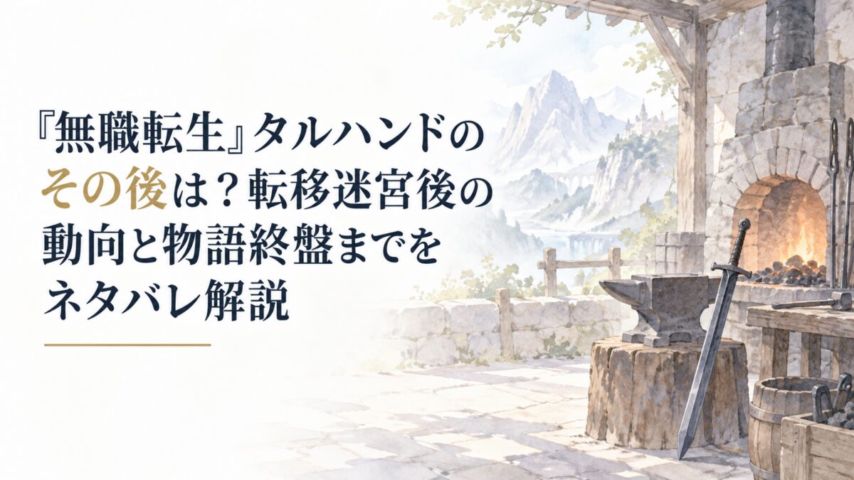 白い余白の多い淡い水彩画。石造りの小さな鍛冶場と炉、金床、装飾のない黒い剣、遠くに岩山を配置し、人物や人影、紋章、ロゴを一切描かない静かな風景
