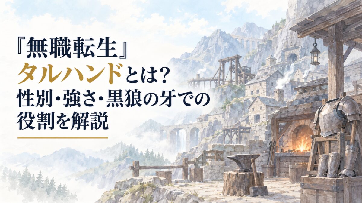 石造りの鉱山集落と無地の重い鎧、鍛冶炉を淡い水彩で描いた人物のいない風景