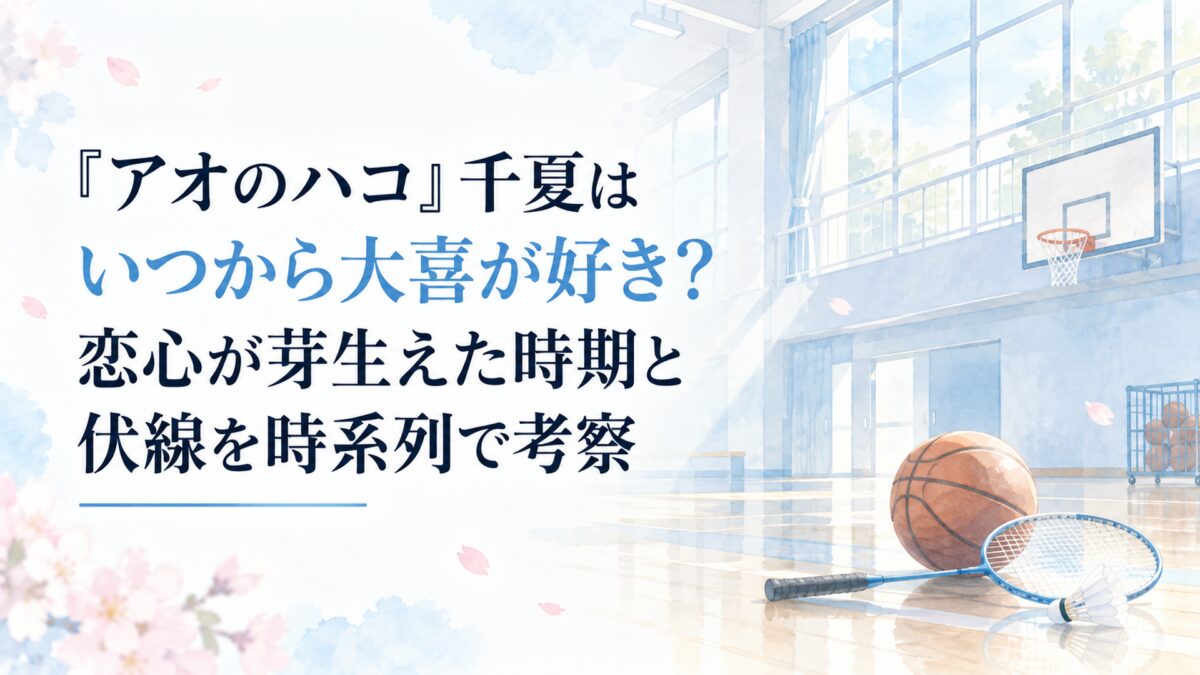 淡い水色と白を基調にした高校の体育館と朝の光、バスケットボールとバドミントンのラケットを控えめに配置した人物のいない柔らかな水彩風景