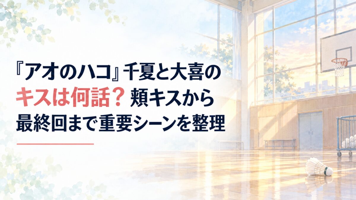 淡い青空と夕日の光が差し込む無人の学校体育館、木製の床とバスケットゴール、窓辺に置かれた小さなバドミントンシャトル、白い余白を大きく残した淡い水彩風の青春風景