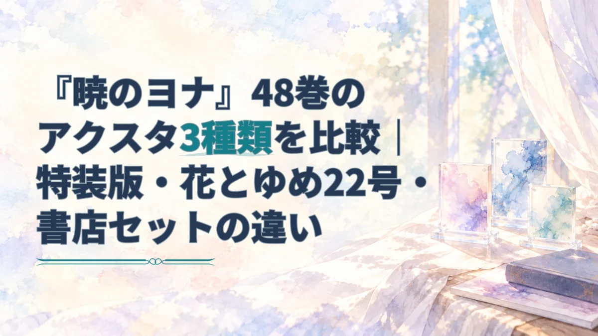 3種類のアクリルスタンドと本・雑誌を右側に描き、左側に「『暁のヨナ』48巻のアクスタ3種類を比較｜特装版・花とゆめ22号・書店セットの違い」と配置した淡い水彩風のアイキャッチ。