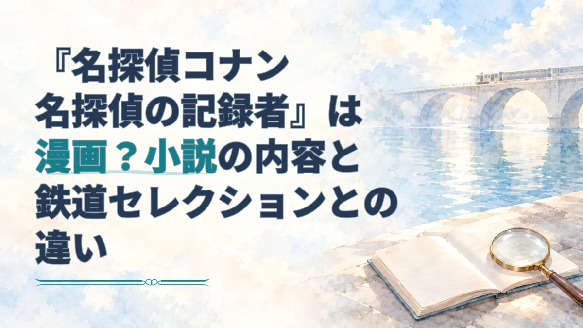 『名探偵コナン 名探偵の記録者』が漫画か小説かを解説する記事のアイキャッチ。橋を走る列車と開いた本、虫眼鏡を淡い水彩で描いています。