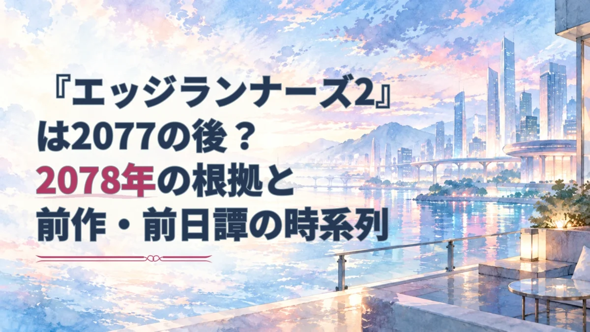 『エッジランナーズ2』の時系列を示すタイトルと、淡い水彩で描いた2078年の未来都市。