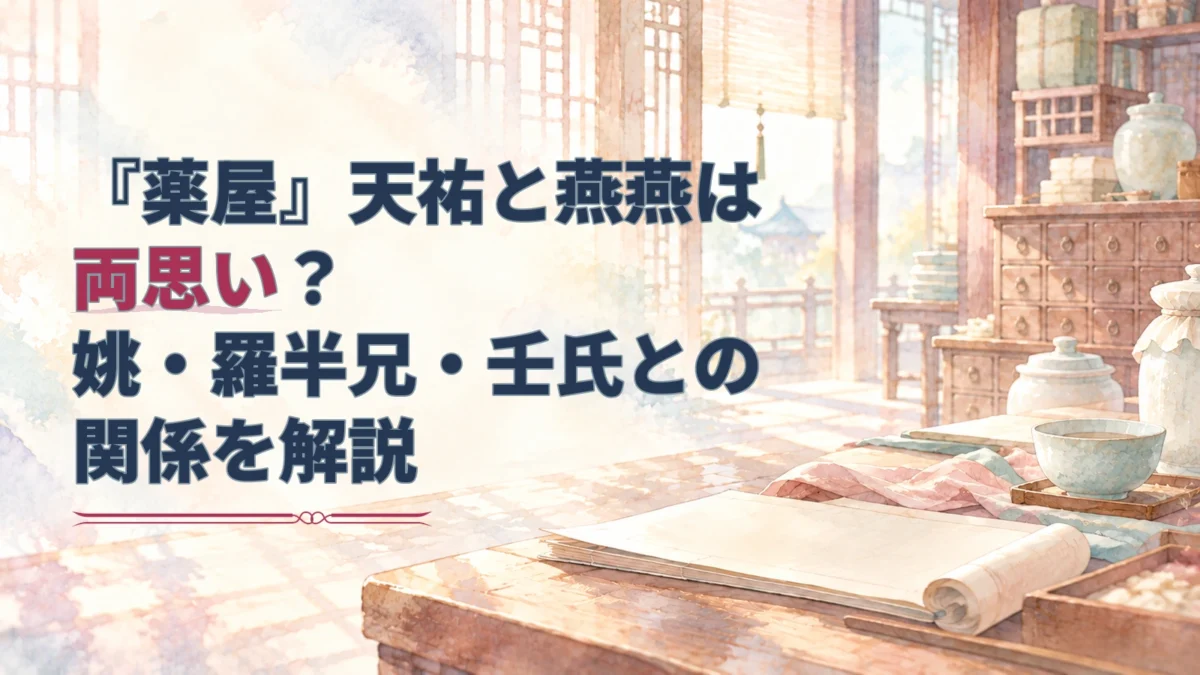 『薬屋のひとりごと』の人間関係を解説する見出しと、帳面や茶器、薬瓶を描いた淡い水彩の背景。