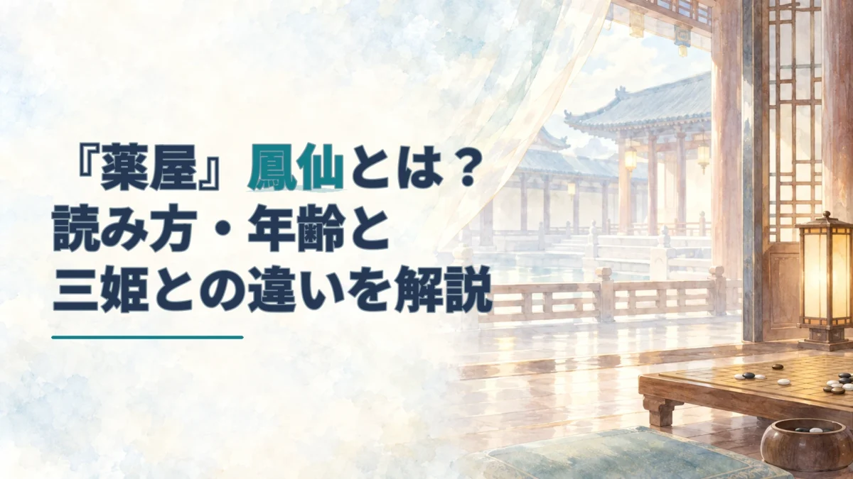『薬屋のひとりごと』鳳仙の記事見出しと、碁盤を置いた宮廷風の水彩背景。
