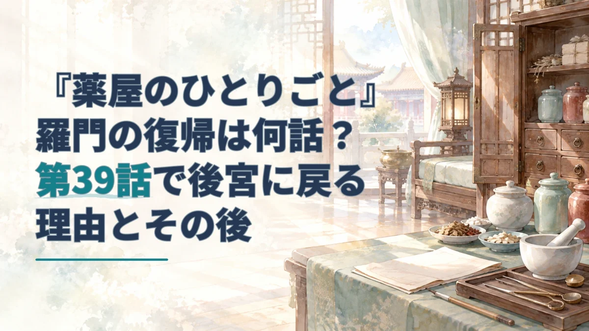 後宮の薬棚や薬器を水彩調で描き、『薬屋のひとりごと』羅門の復帰は何話？第39話で後宮に戻る理由とその後と表示したアイキャッチ。