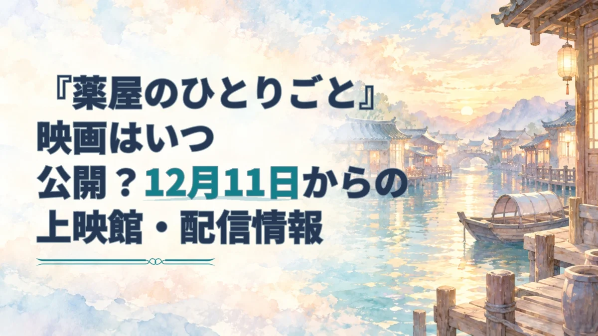映画公開日と上映館を案内する見出しを、夕映えの東アジア風水上都市に重ねた水彩風アイキャッチ。