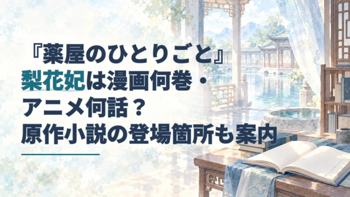 青い宮廷回廊と白紙の本の水彩画。梨花妃の漫画・アニメ・小説での登場箇所を案内する記事のアイキャッチ。