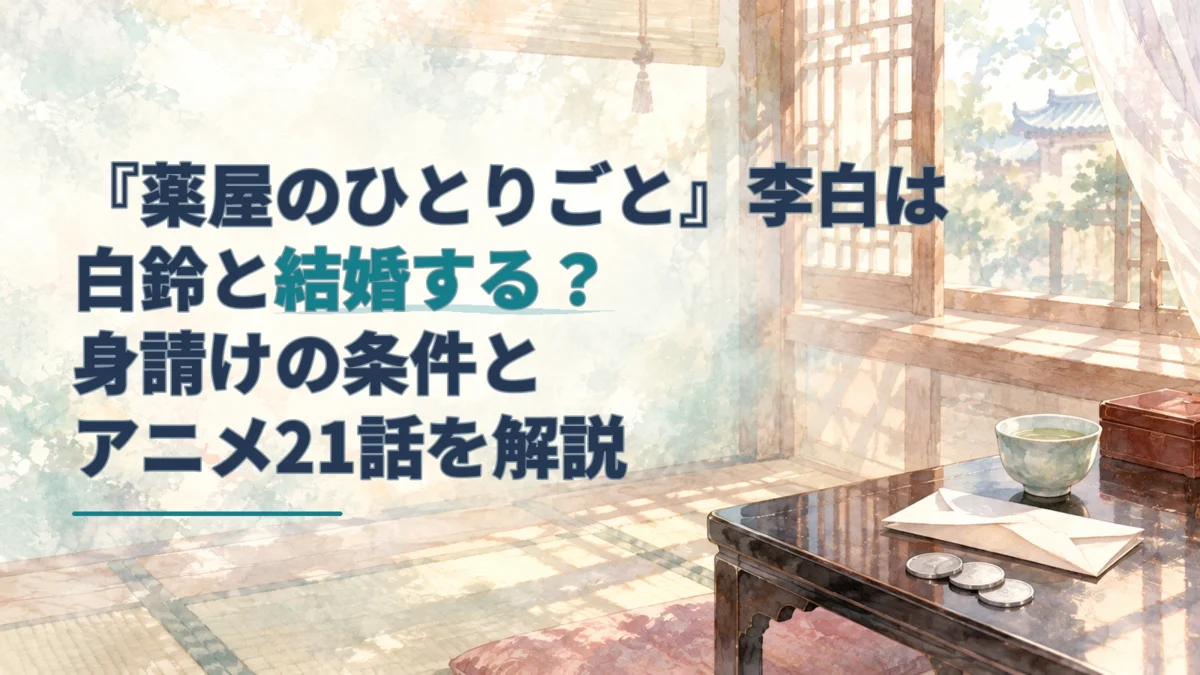 『薬屋のひとりごと』李白と白鈴の結婚を扱う記事タイトルと、便箋・銀貨・茶器を描いた水彩調のアイキャッチ。
