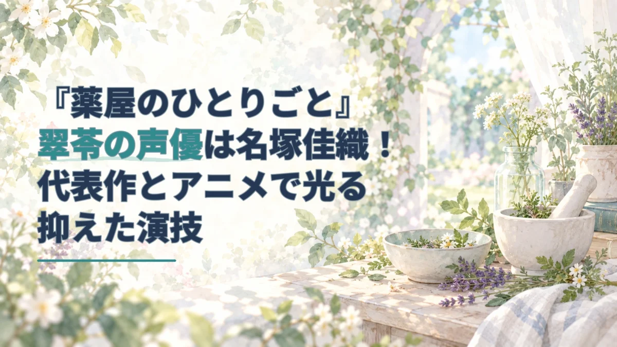 淡い水彩の薬草と薬研を背景に、『薬屋のひとりごと』翠苓役の名塚佳織と代表作を記したタイトル画像。
