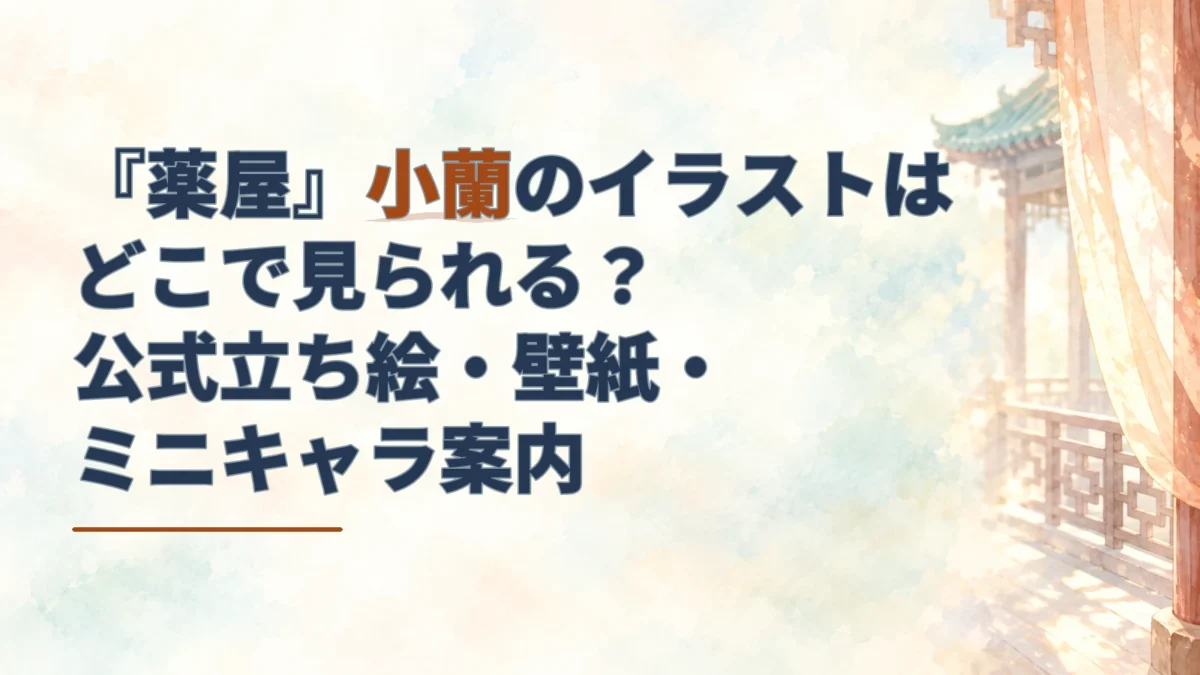 小蘭のイラスト案内の見出しと、淡い水彩で描いた後宮風の回廊。