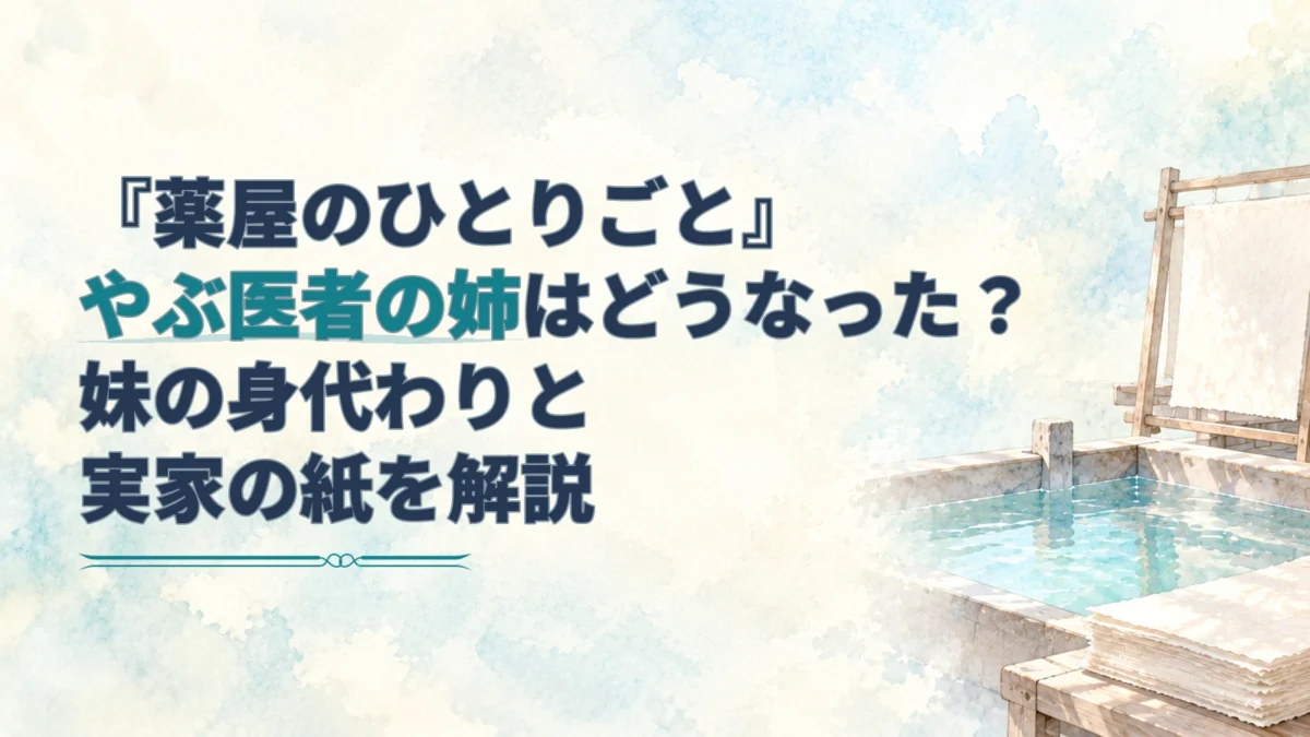 紙漉きの水槽と手すき紙の水彩背景に、やぶ医者の姉と妹の身代わりを解説する見出しを配した画像。