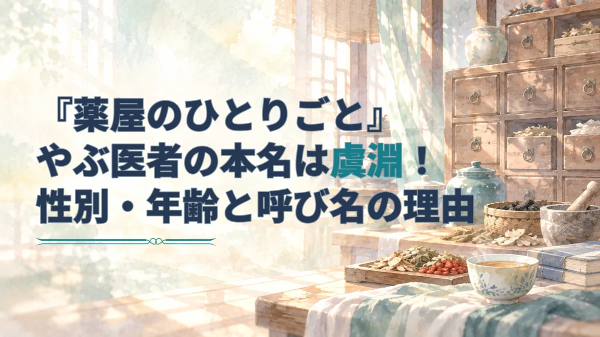 『薬屋のひとりごと』やぶ医者の名前・性別・年齢を紹介するアイキャッチ。人物のいない淡い水彩の医局に、薬棚、薬壺、茶器が描かれています。