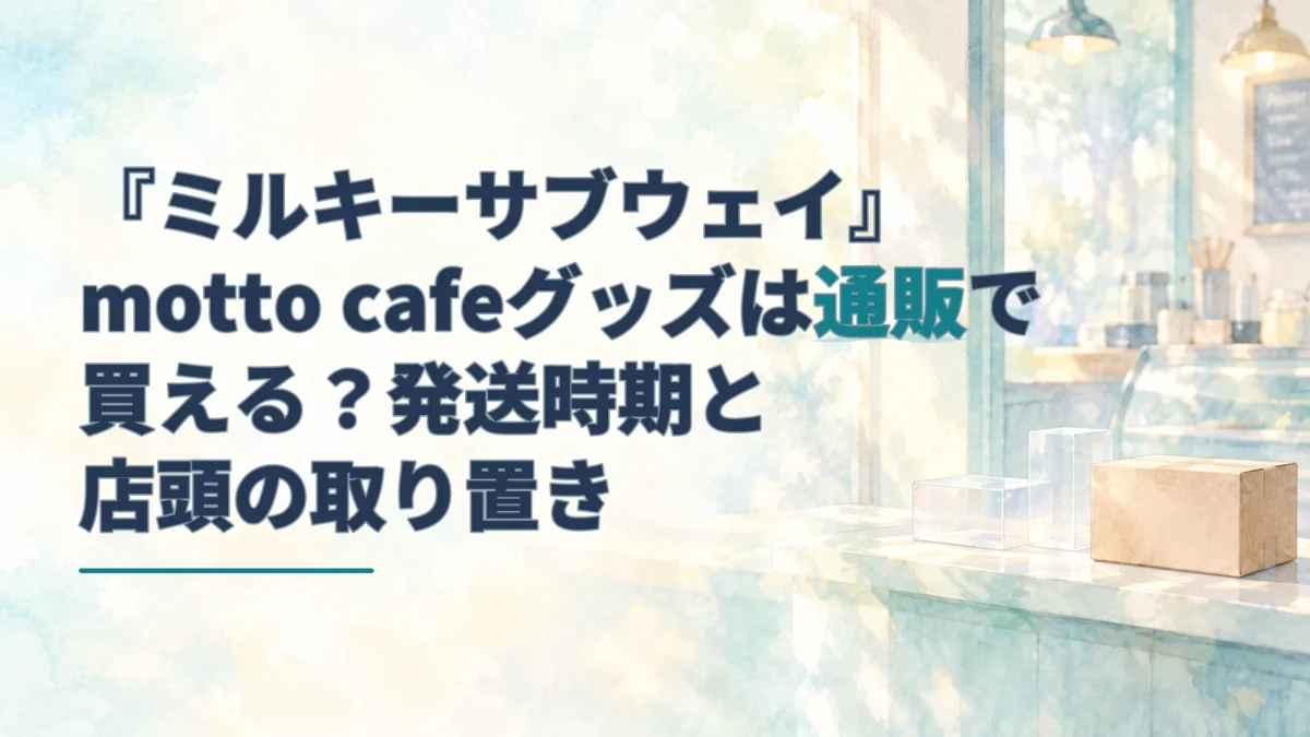 「ミルキーサブウェイ」motto cafeグッズの通販・発送時期を伝える見出しと、無地の配送箱、カフェの窓を描いた淡い水彩のアイキャッチ。