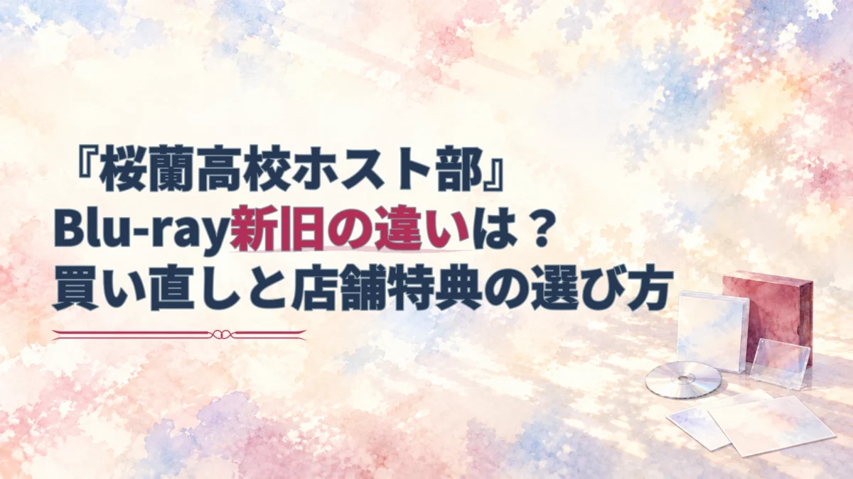 『桜蘭高校ホスト部』Blu-rayの新旧の違いと買い直し・店舗特典の選び方を示す見出しに、BOXやディスク、飾る特典を淡い水彩で添えたアイキャッチ。