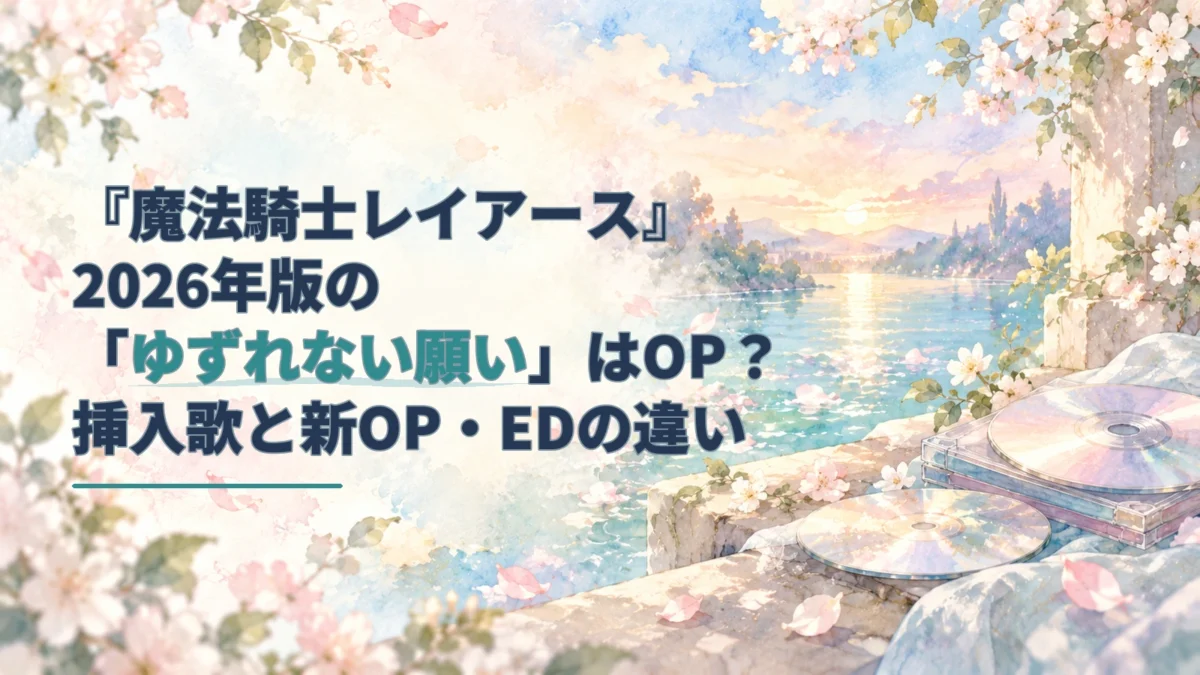 淡い水彩の水辺にCDと花びらを描き、「ゆずれない願い」は挿入歌、新OP・EDは別の曲だと伝える見出しを重ねた画像。