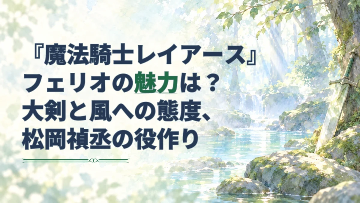 『魔法騎士レイアース』フェリオの魅力を伝える見出しと、森の水辺に立てかけられた大剣を描いた淡い水彩のアイキャッチ。