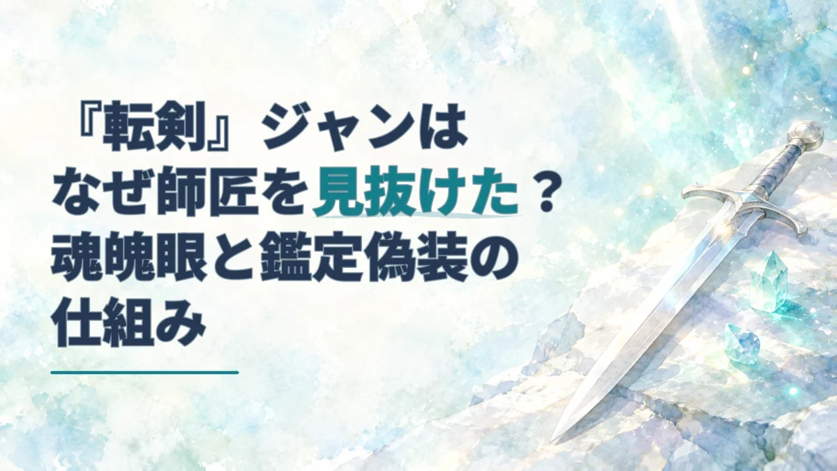 「転剣」ジャンが師匠を見抜けた理由を示す見出しと、青緑の魔石に囲まれた銀色の剣を描いた淡い水彩のアイキャッチ。