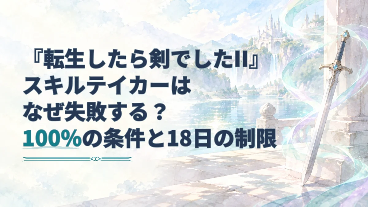 100％の条件と18日の制限を伝える記事タイトルと、魔力をまとった剣を描いた淡い水彩のアイキャッチ。