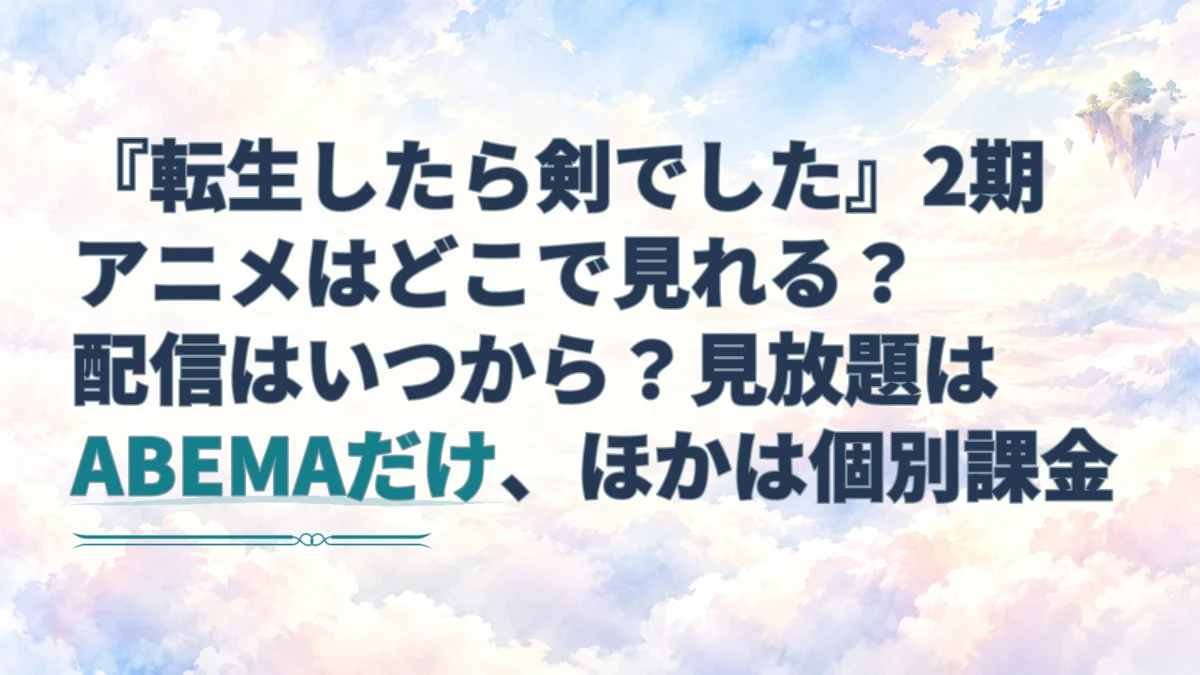 『転生したら剣でした』2期の配信情報を示す見出しを、雲海に浮かぶ島と淡い水彩の空を背景に重ねたアイキャッチ。