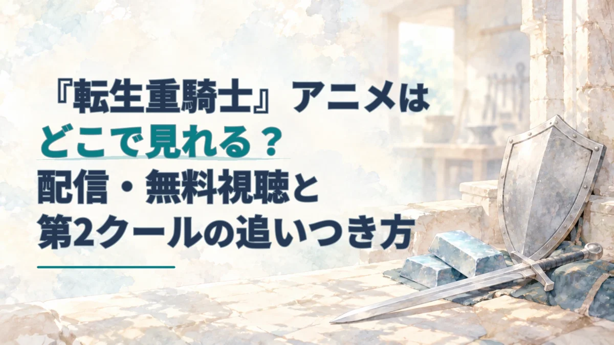 盾と剣、青銀色の金属素材を描いた水彩背景に、『転生重騎士』の配信・無料視聴と第2クールの追いつき方を案内するタイトルを重ねたアイキャッチ