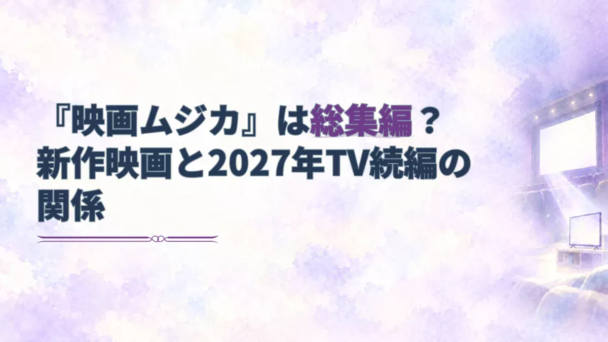 映画『BanG Dream! Ave Mujica prima aurora』と2027年TV続編の関係を示す見出しに、淡い紫の水彩で映画館のスクリーンとテレビを描いたアイキャッチ。