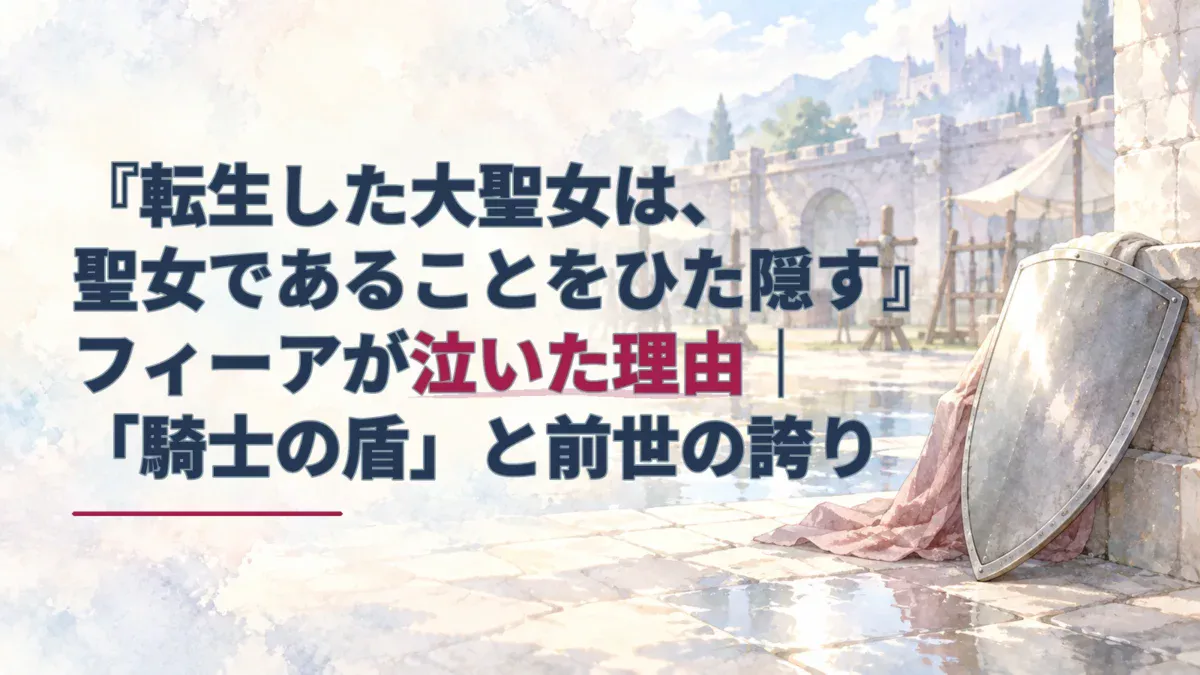 フィーアが泣いた理由と、聖女と騎士が守り合う関係を表すアイキャッチ。淡い水彩の訓練場に、無銘の盾が置かれている。