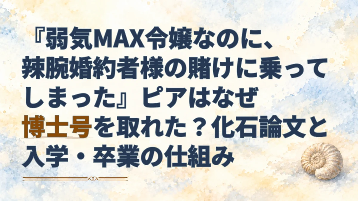 淡いクリーム色と青みの水彩背景の右下にアンモナイトの化石を描き、ピアの博士号を扱う記事タイトルを載せたアイキャッチ。