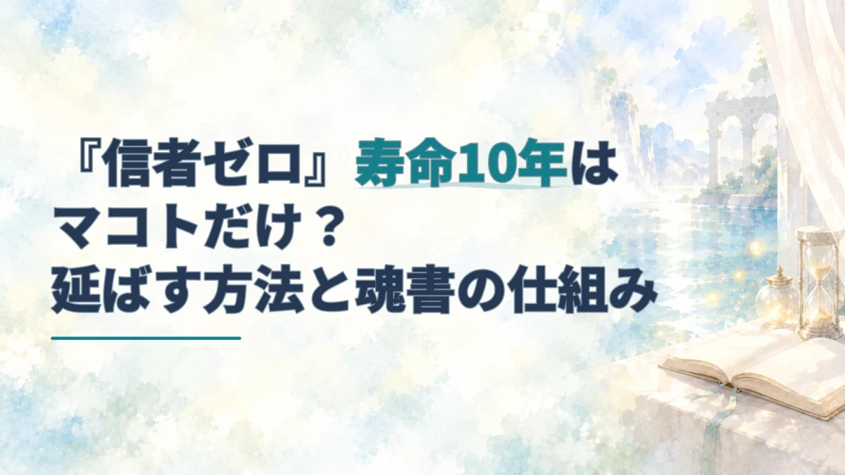 「信者ゼロ」寿命10年はマコトだけかを問う見出しと、淡い水彩の本や砂時計を描いたアイキャッチ。